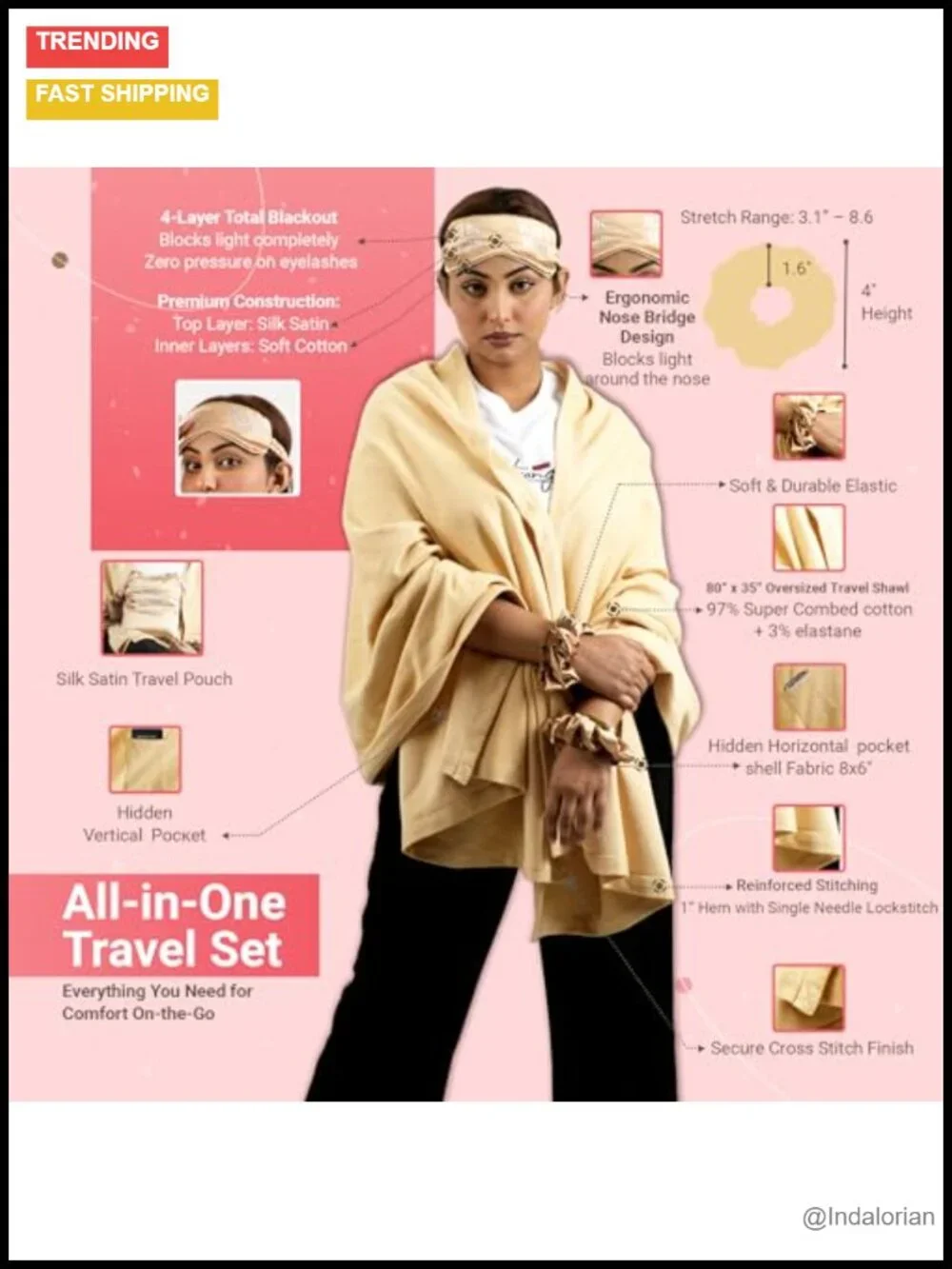 Luxury Travel Set – Cashmere-Soft Shawl, Eye Mask, Scrunchies & Pouch